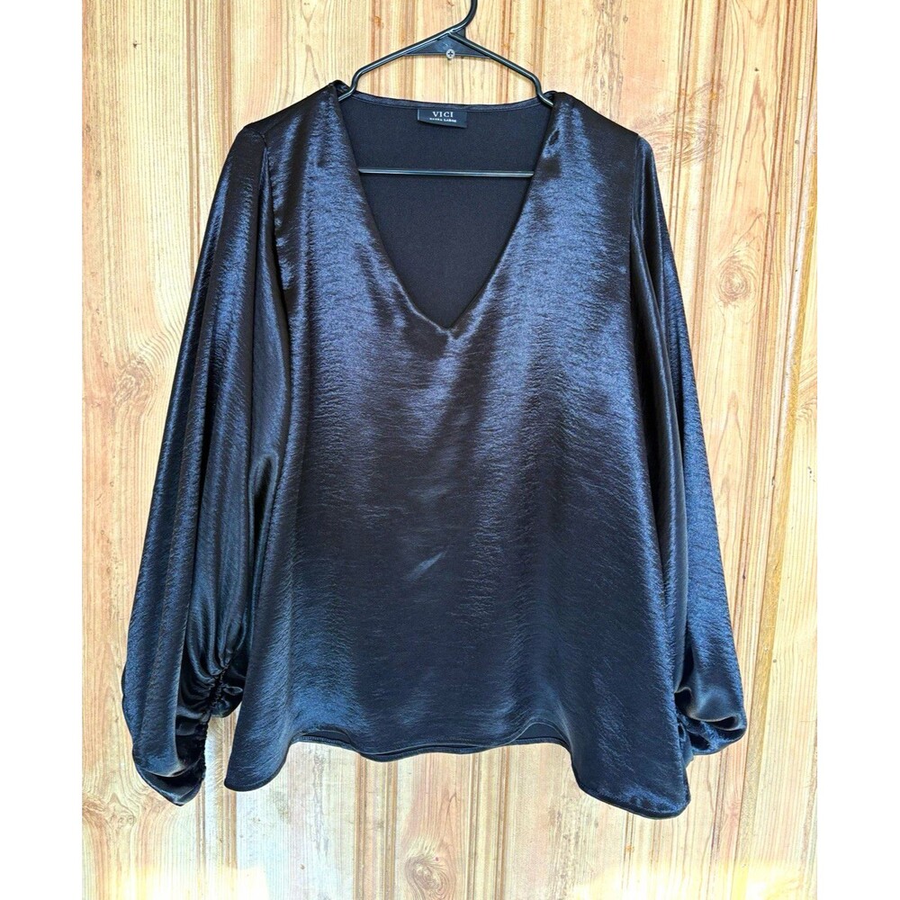 VICI Black Satin V-Neck Ruched Balloon Sleeve Lined Blouse, Size XL
